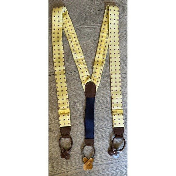 Other - Men's Yellow Blue Brown Geometric Suspenders Leather Button Tabs Adjustable Y